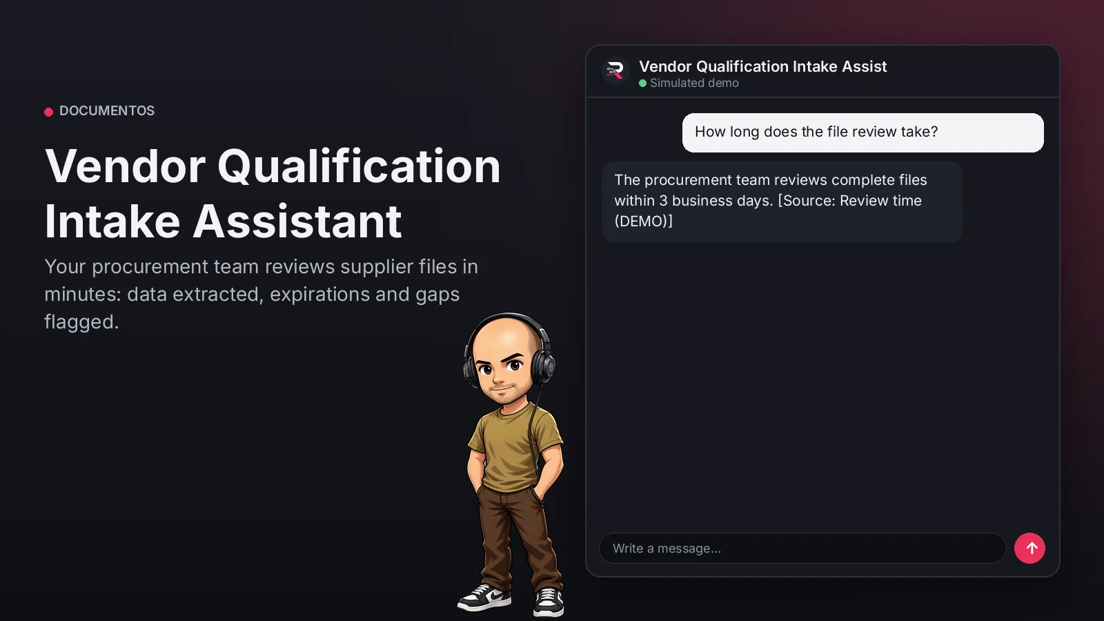 Hero image: Vendor Qualification Intake Assistant. Your procurement team reviews supplier files in minutes: data extracted, expirations and gaps flagged.