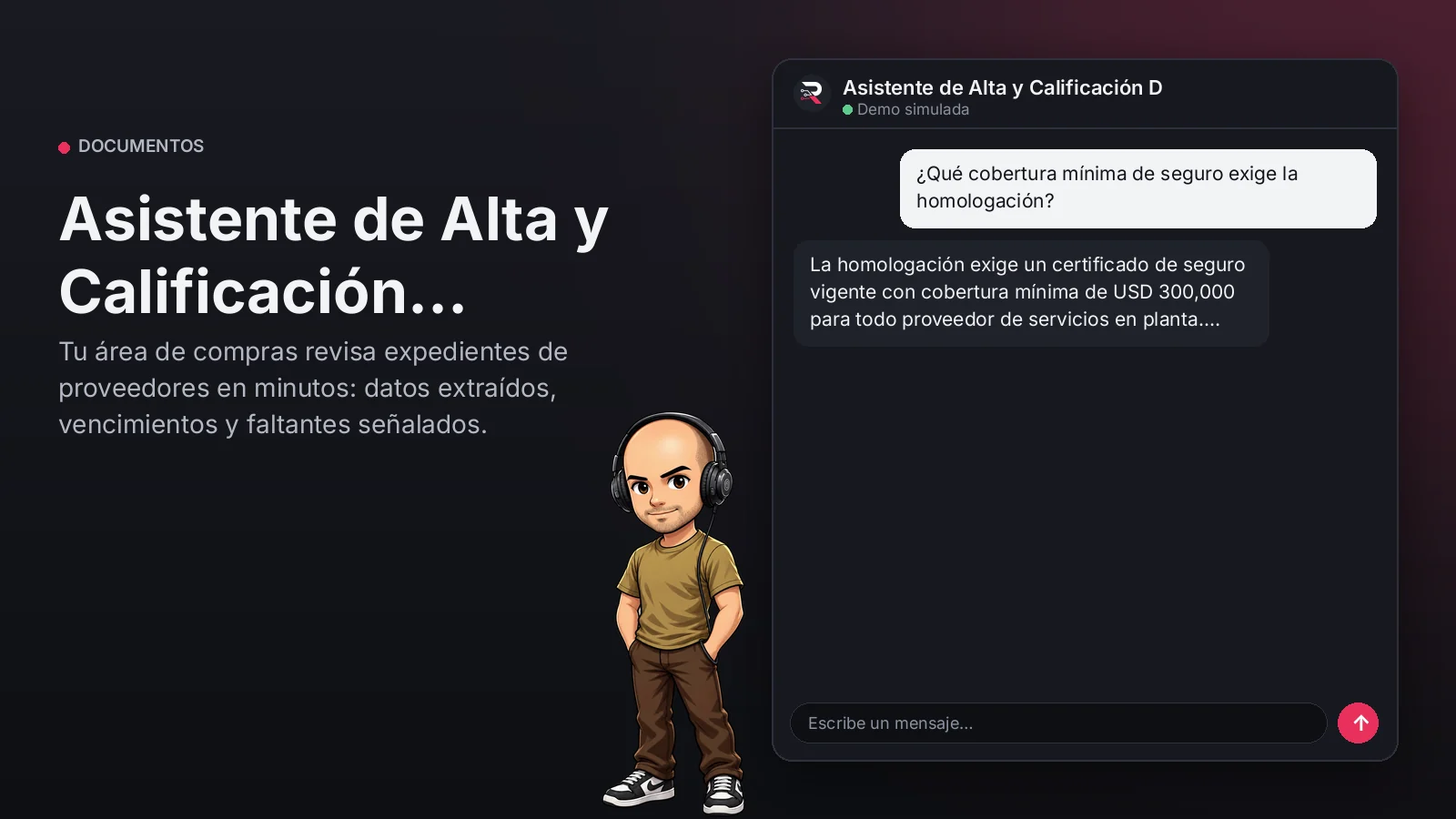Imagen principal: Asistente de Alta y Calificación Documental de Proveedores. Tu área de compras revisa expedientes de proveedores en minutos: datos extraídos, vencimientos y faltantes señalados.