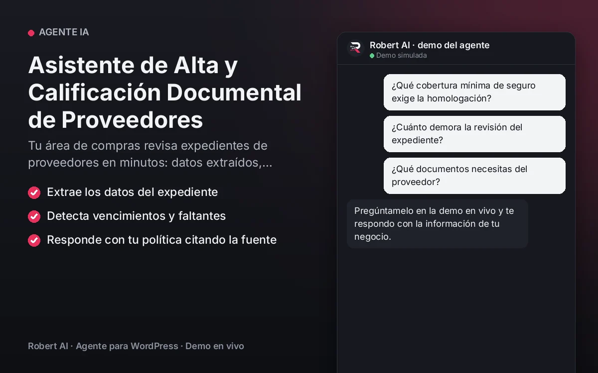 Portada: Asistente de Alta y Calificación Documental de Proveedores. Tu área de compras revisa expedientes de proveedores en minutos: datos extraídos, vencimientos y faltantes señalados.