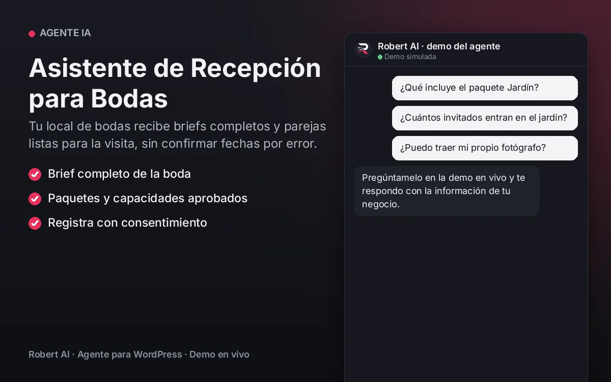 Portada: Asistente de Recepción para Bodas. Tu local de bodas recibe briefs completos y parejas listas para la visita, sin confirmar fechas por error.