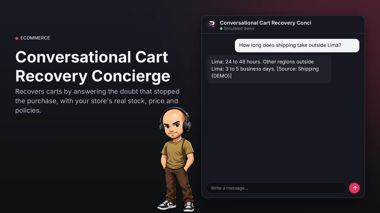 Hero image: Conversational Cart Recovery Concierge. Recovers carts by answering the doubt that stopped the purchase, with your store's real stock, price and policies.