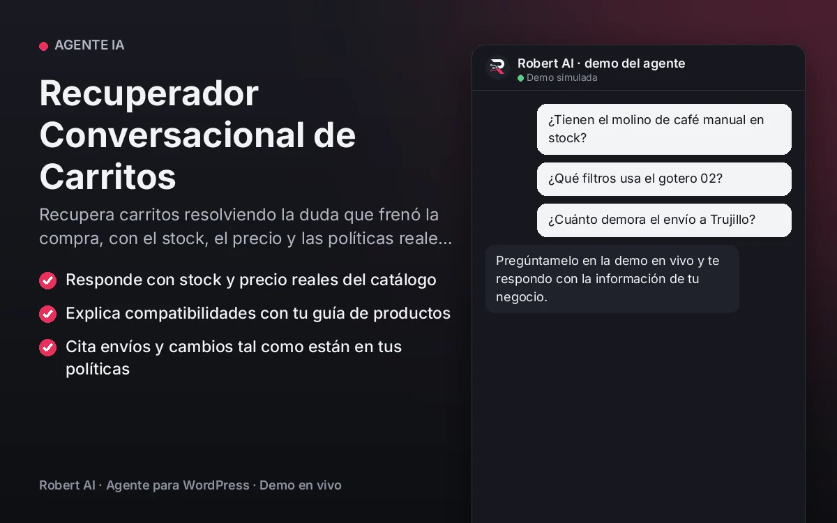 Portada: Recuperador Conversacional de Carritos. Recupera carritos resolviendo la duda que frenó la compra, con el stock, el precio y las políticas reales de tu tienda.