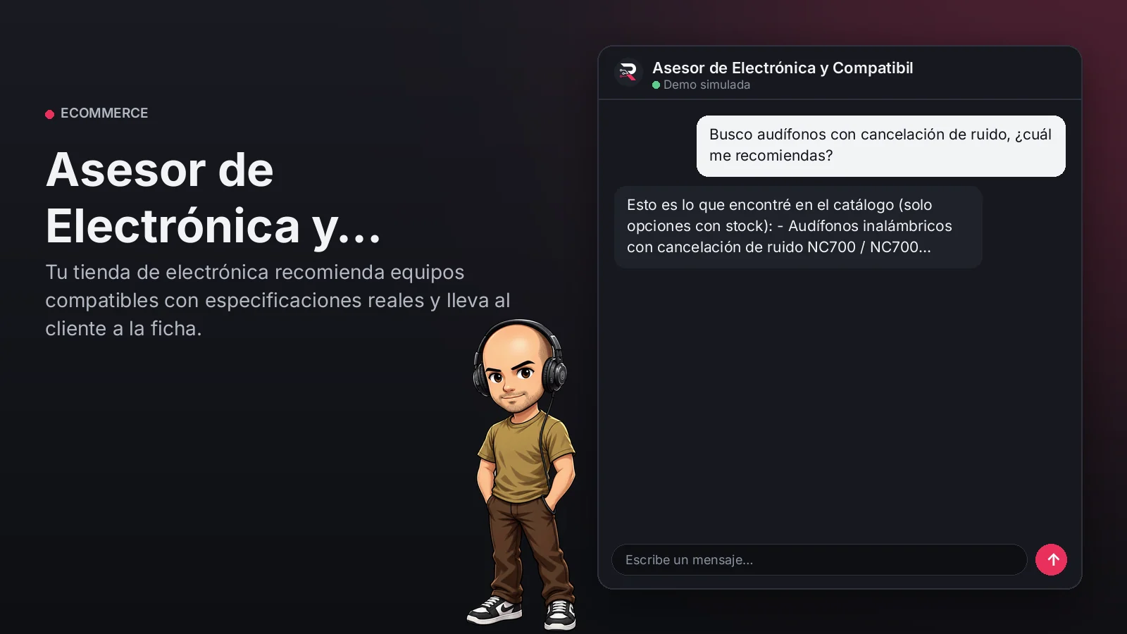 Imagen principal: Asesor de Electrónica y Compatibilidad. Tu tienda de electrónica recomienda equipos compatibles con especificaciones reales y lleva al cliente a la ficha.