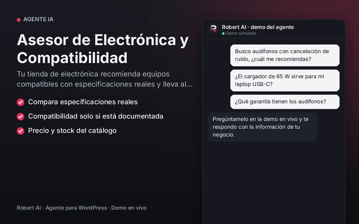 Portada: Asesor de Electrónica y Compatibilidad. Tu tienda de electrónica recomienda equipos compatibles con especificaciones reales y lleva al cliente a la ficha.