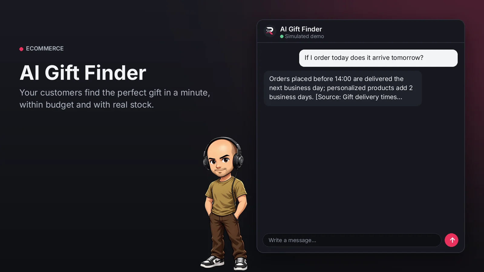 Hero image: AI Gift Finder. Your customers find the perfect gift in a minute, within budget and with real stock.