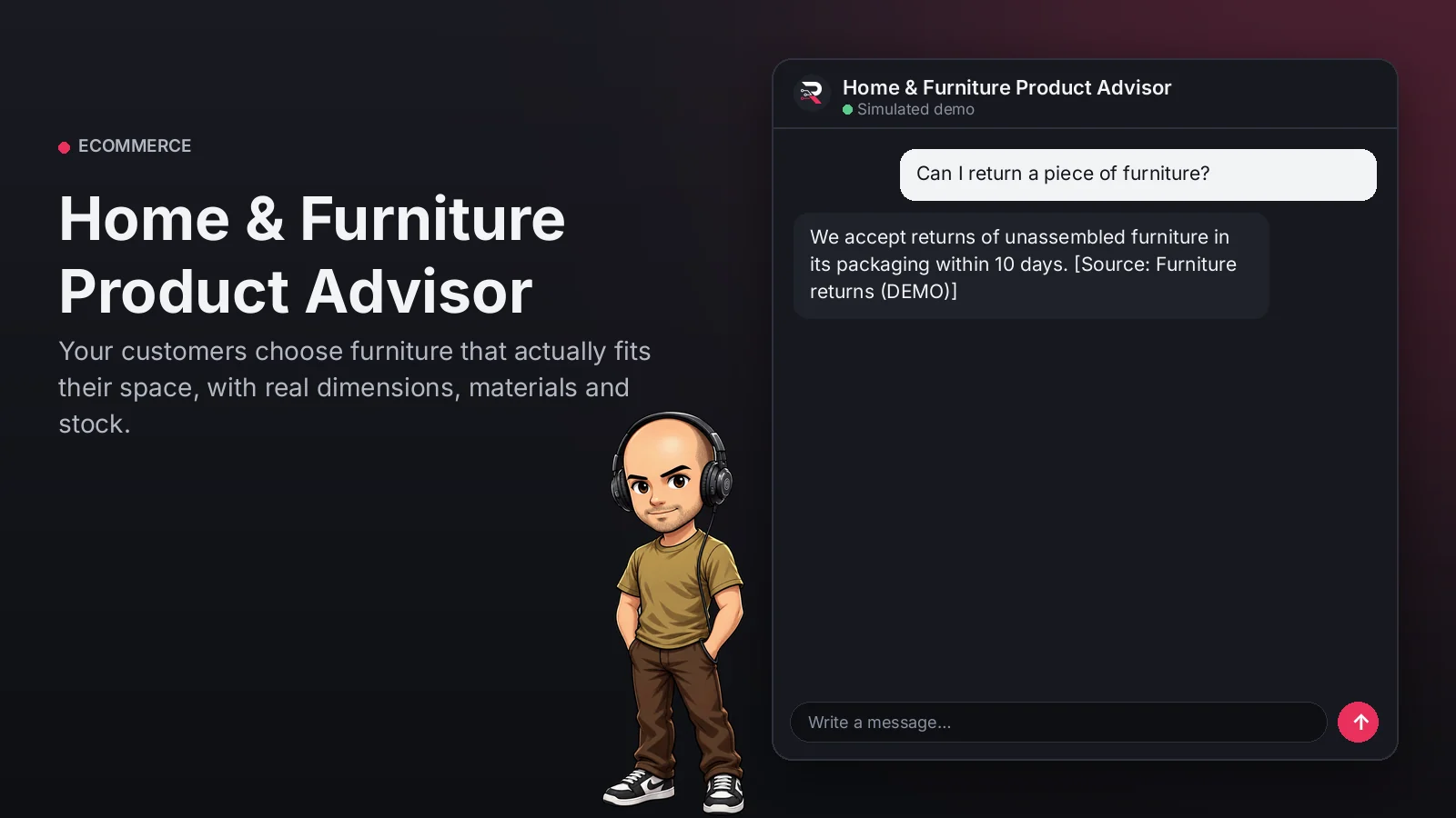 Hero image: Home & Furniture Product Advisor. Your customers choose furniture that actually fits their space, with real dimensions, materials and stock.
