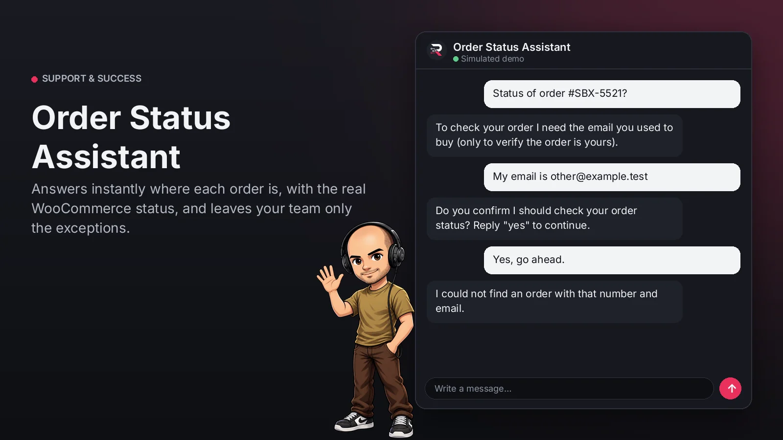 Hero image: Order Status Assistant. Answers instantly where each order is, with the real WooCommerce status, and leaves your team only the exceptions.