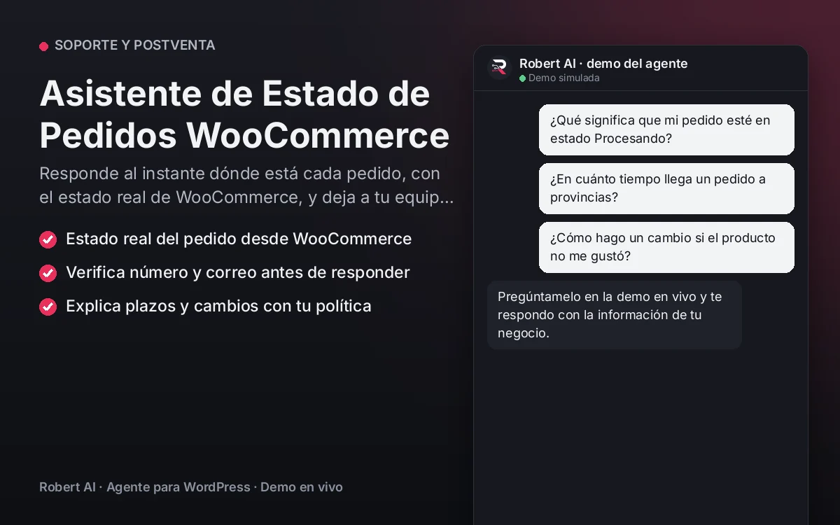 Portada: Asistente de Estado de Pedidos WooCommerce. Responde al instante dónde está cada pedido, con el estado real de WooCommerce, y deja a tu equipo solo las excepciones.