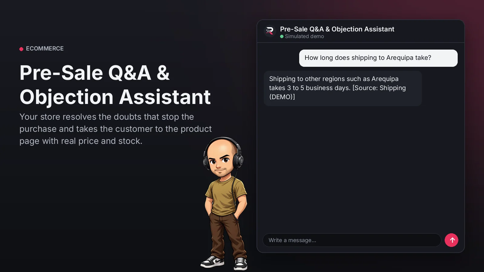 Hero image: Pre-Sale Q&A & Objection Assistant. Your store resolves the doubts that stop the purchase and takes the customer to the product page with real price and stock.