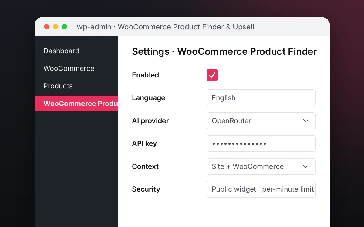WooCommerce Product Finder & Upsell — Your shoppers find the right product in seconds, with your store's real price and stock, and discover the complement they actually need.