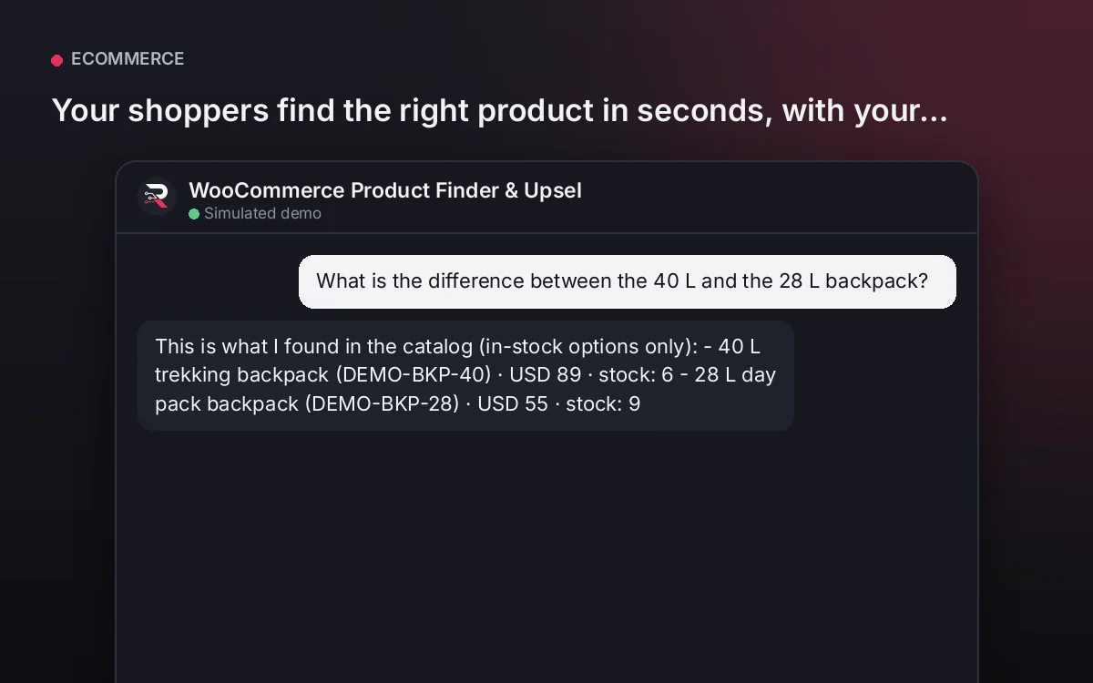 Cover: WooCommerce Product Finder & Upsell. Your shoppers find the right product in seconds, with your store's real price and stock, and discover the complement they actually need.
