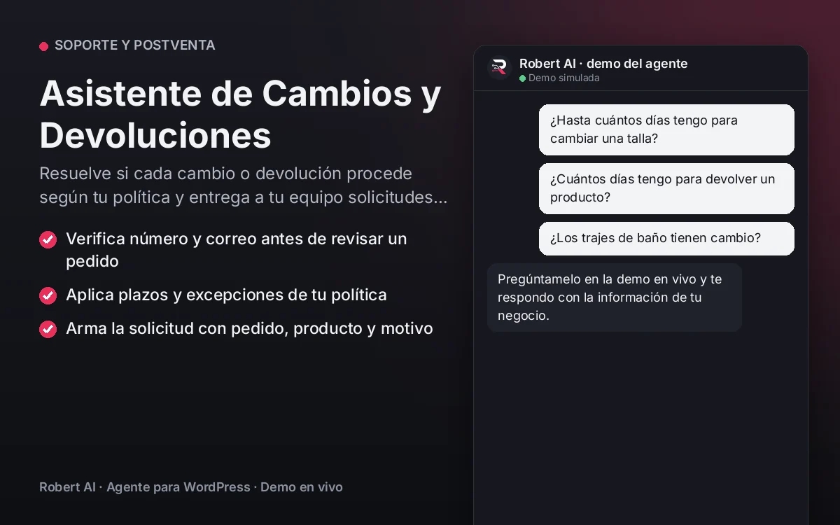 Portada: Asistente de Cambios y Devoluciones. Resuelve si cada cambio o devolución procede según tu política y entrega a tu equipo solicitudes listas, sin idas y vueltas.
