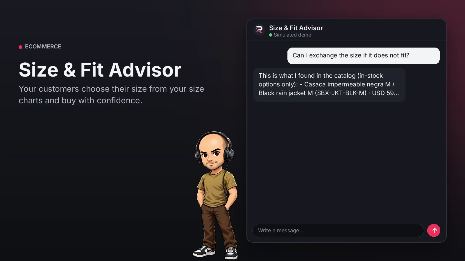 Hero image: Size & Fit Advisor. Your customers choose their size from your size charts and buy with confidence.