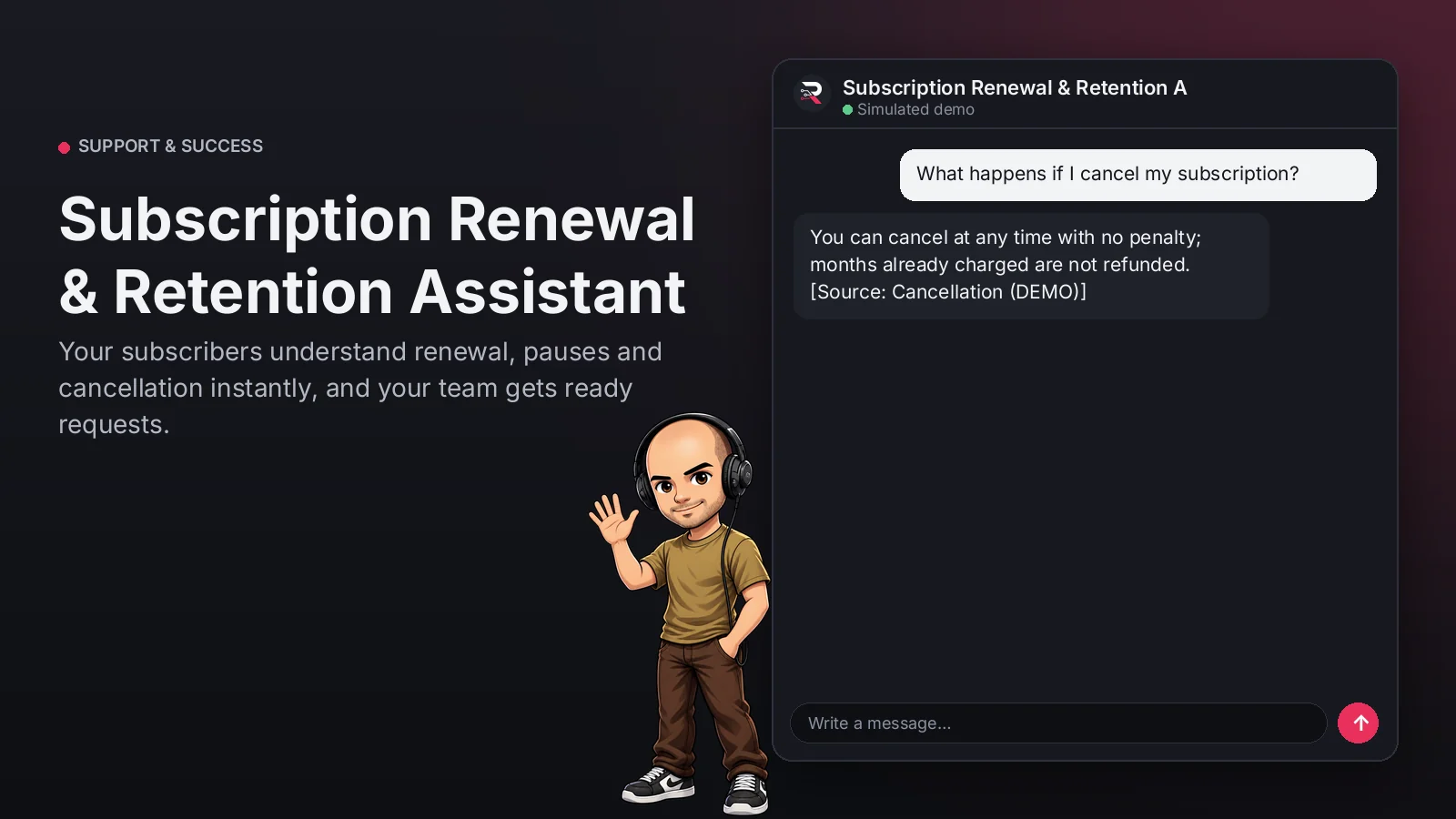 Hero image: Subscription Renewal & Retention Assistant. Your subscribers understand renewal, pauses and cancellation instantly, and your team gets ready requests.