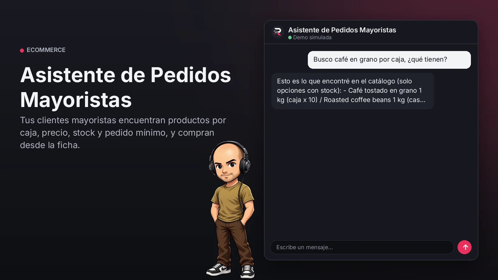Imagen principal: Asistente de Pedidos Mayoristas. Tus clientes mayoristas encuentran productos por caja, precio, stock y pedido mínimo, y compran desde la ficha.