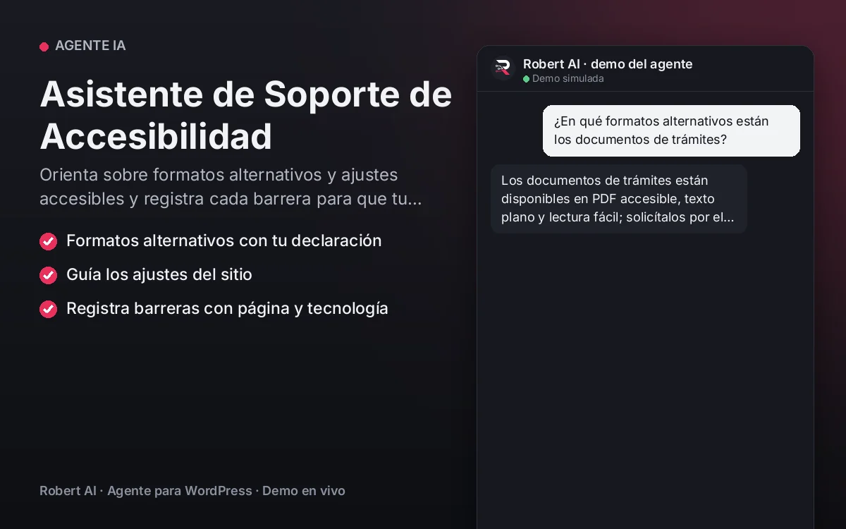 Portada: Asistente de Soporte de Accesibilidad. Orienta sobre formatos alternativos y ajustes accesibles y registra cada barrera para que tu equipo la corrija.