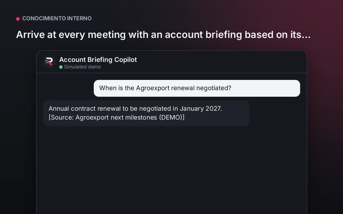 Cover: Account Briefing Copilot. Arrive at every meeting with an account briefing based on its authorized record, with date and gaps made clear.