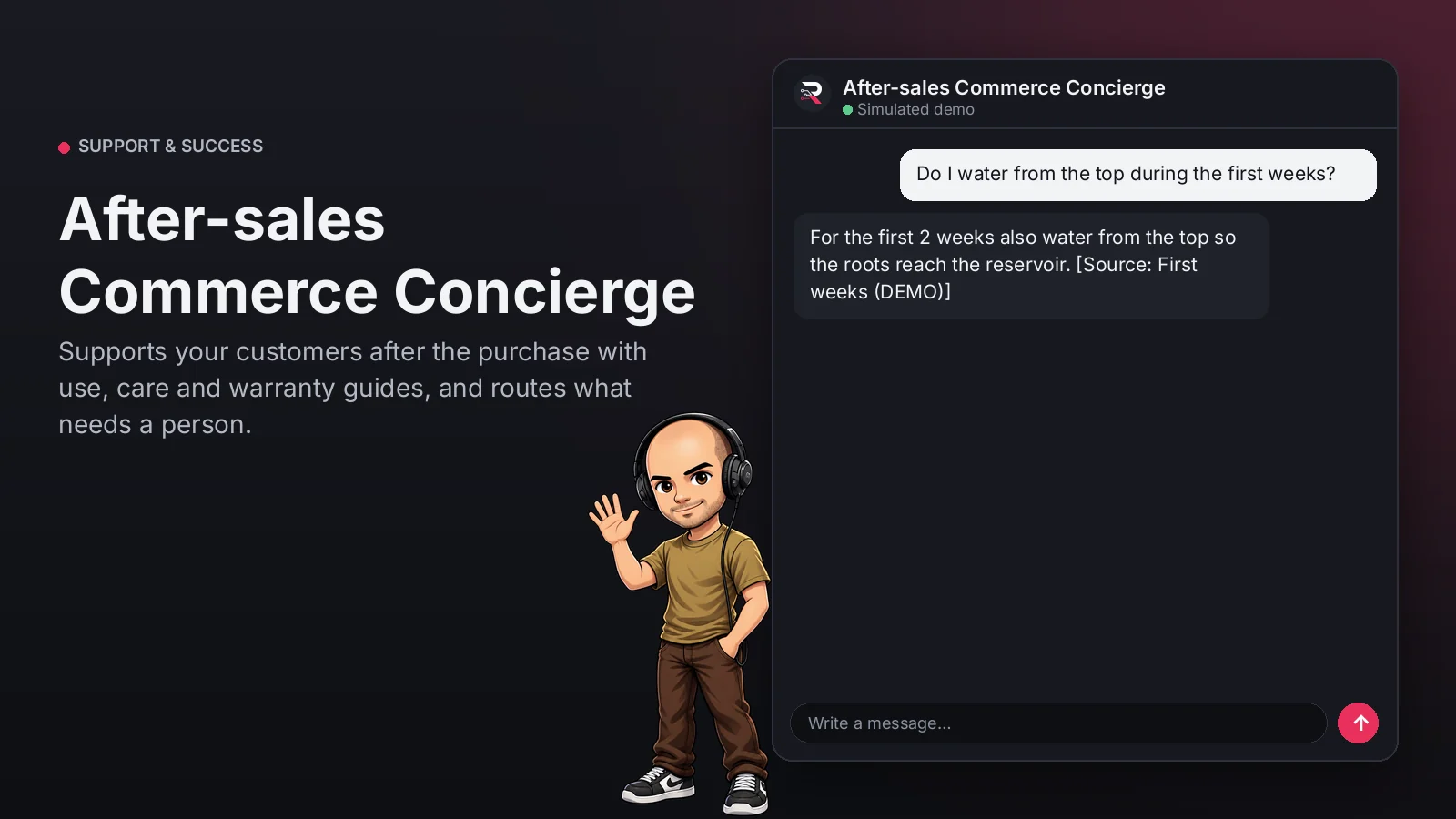 Hero image: After-sales Commerce Concierge. Supports your customers after the purchase with use, care and warranty guides, and routes what needs a person.