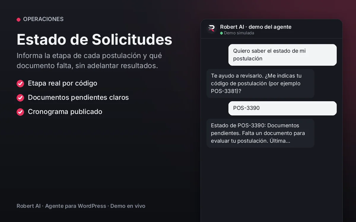 Portada: Estado de Solicitudes. Informa la etapa de cada postulación y qué documento falta, sin adelantar resultados.