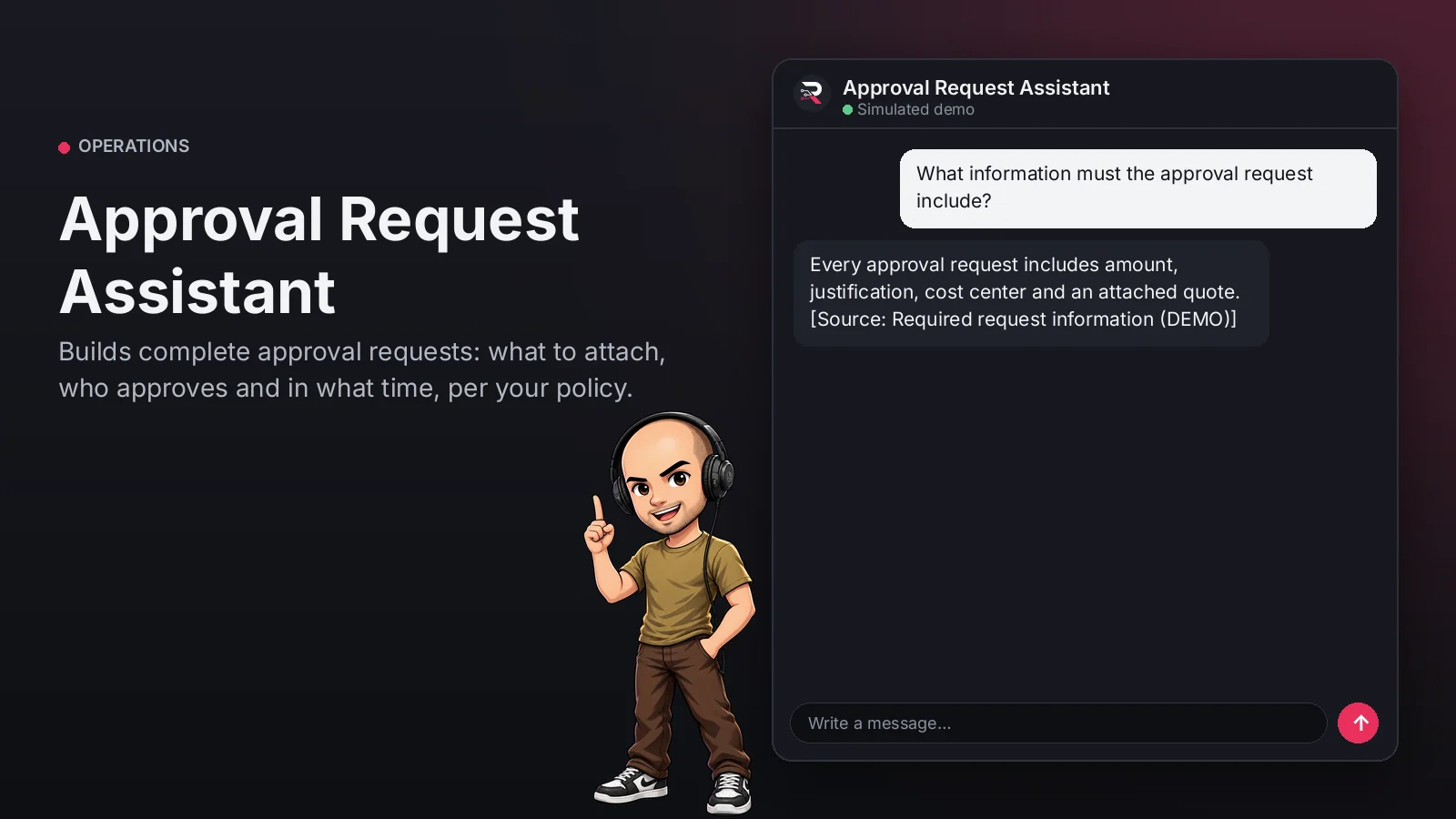 Hero image: Approval Request Assistant. Builds complete approval requests: what to attach, who approves and in what time, per your policy.