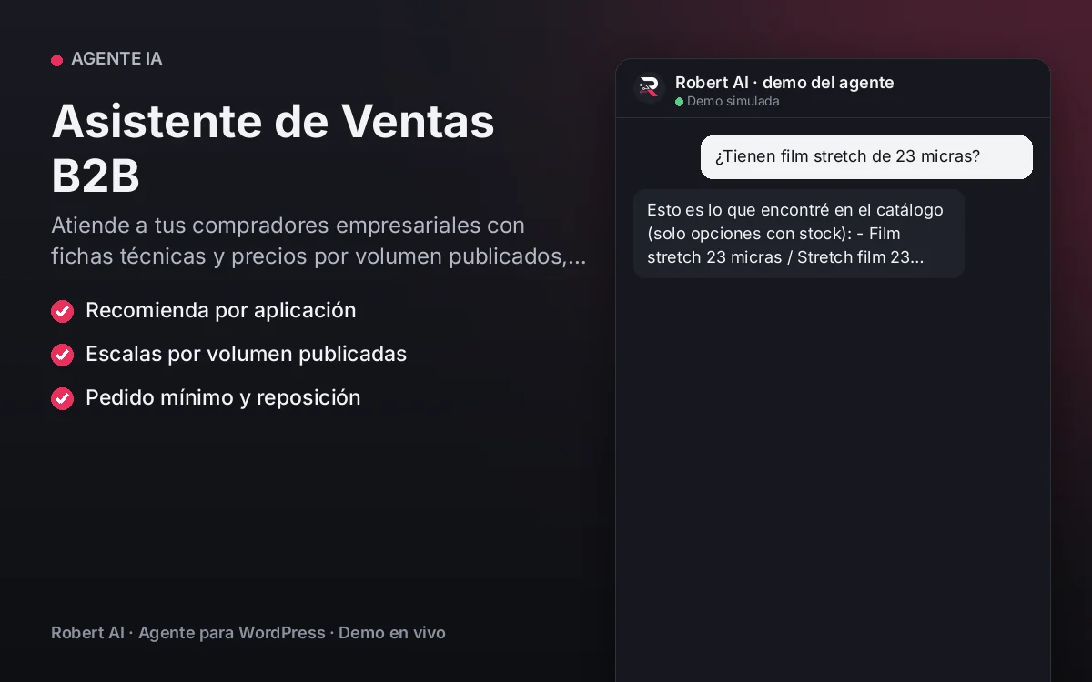 Portada: Asistente de Ventas B2B. Atiende a tus compradores empresariales con fichas técnicas y precios por volumen publicados, al instante.