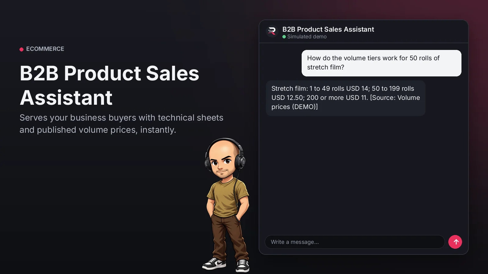 Hero image: B2B Product Sales Assistant. Serves your business buyers with technical sheets and published volume prices, instantly.