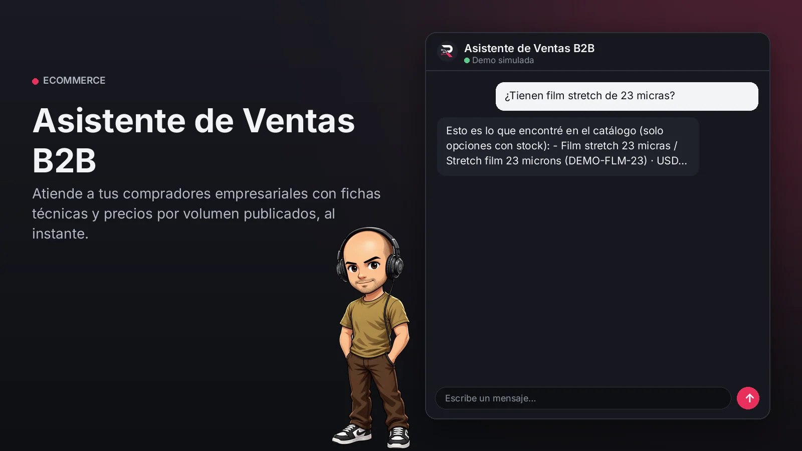Imagen principal: Asistente de Ventas B2B. Atiende a tus compradores empresariales con fichas técnicas y precios por volumen publicados, al instante.