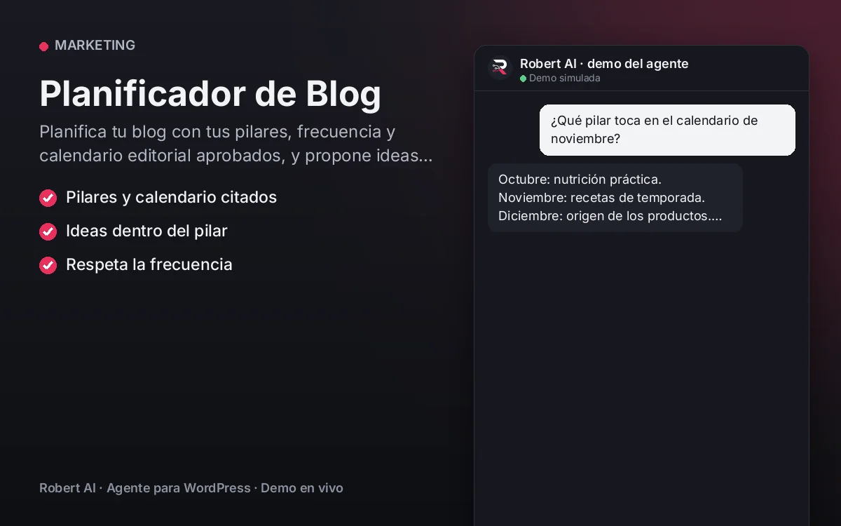 Portada: Planificador de Blog. Planifica tu blog con tus pilares, frecuencia y calendario editorial aprobados, y propone ideas coherentes.