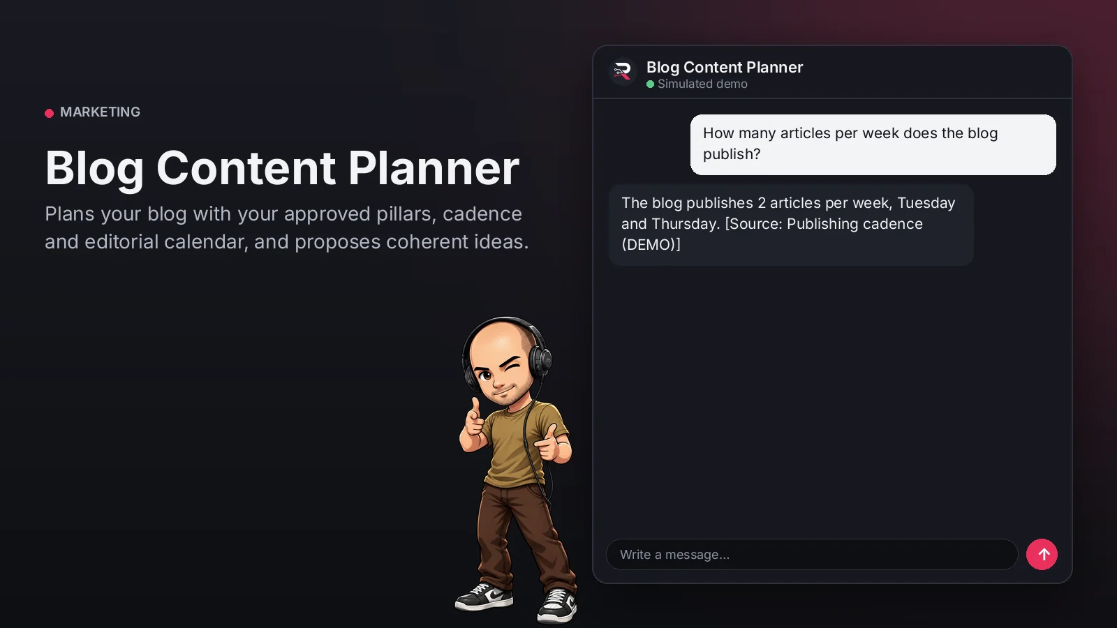 Hero image: Blog Content Planner. Plans your blog with your approved pillars, cadence and editorial calendar, and proposes coherent ideas.