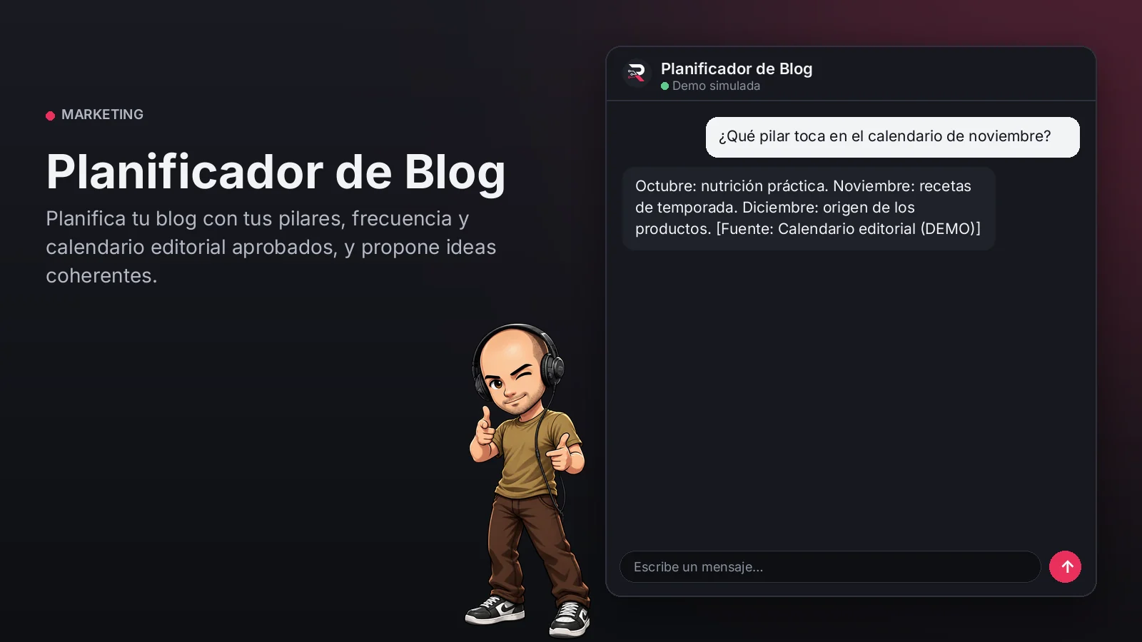 Imagen principal: Planificador de Blog. Planifica tu blog con tus pilares, frecuencia y calendario editorial aprobados, y propone ideas coherentes.