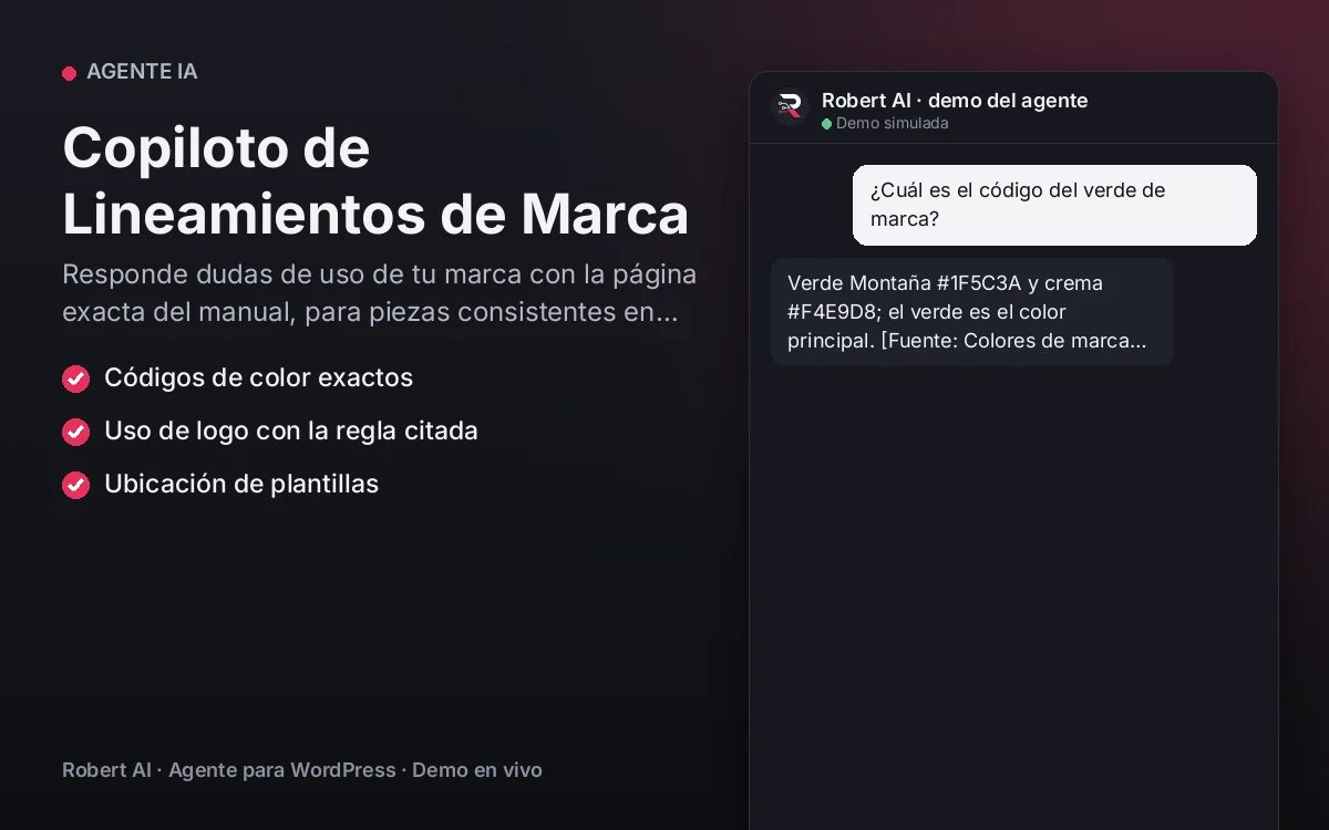 Portada: Copiloto de Lineamientos de Marca. Responde dudas de uso de tu marca con la página exacta del manual, para piezas consistentes en todos los equipos.