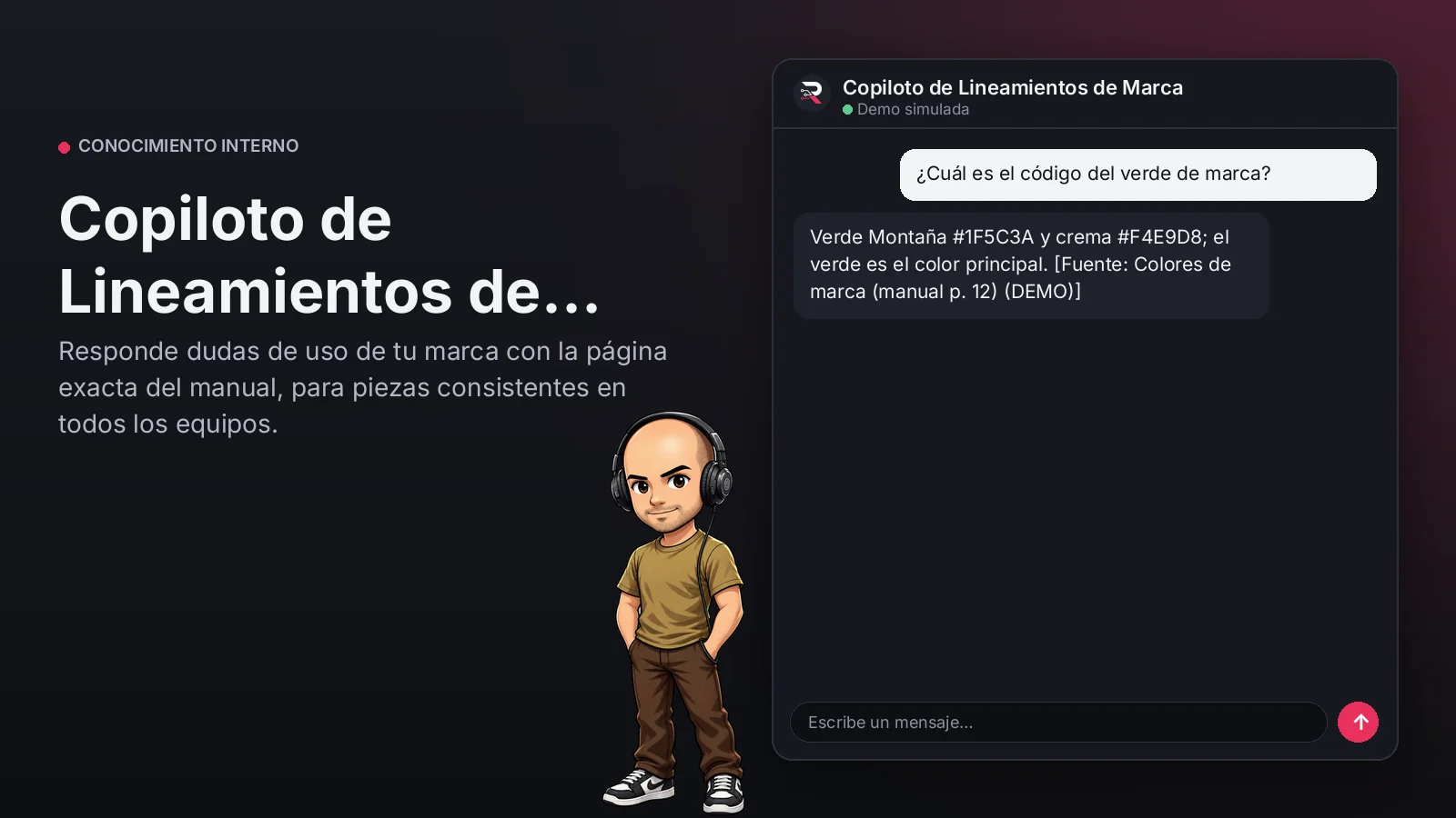 Imagen principal: Copiloto de Lineamientos de Marca. Responde dudas de uso de tu marca con la página exacta del manual, para piezas consistentes en todos los equipos.