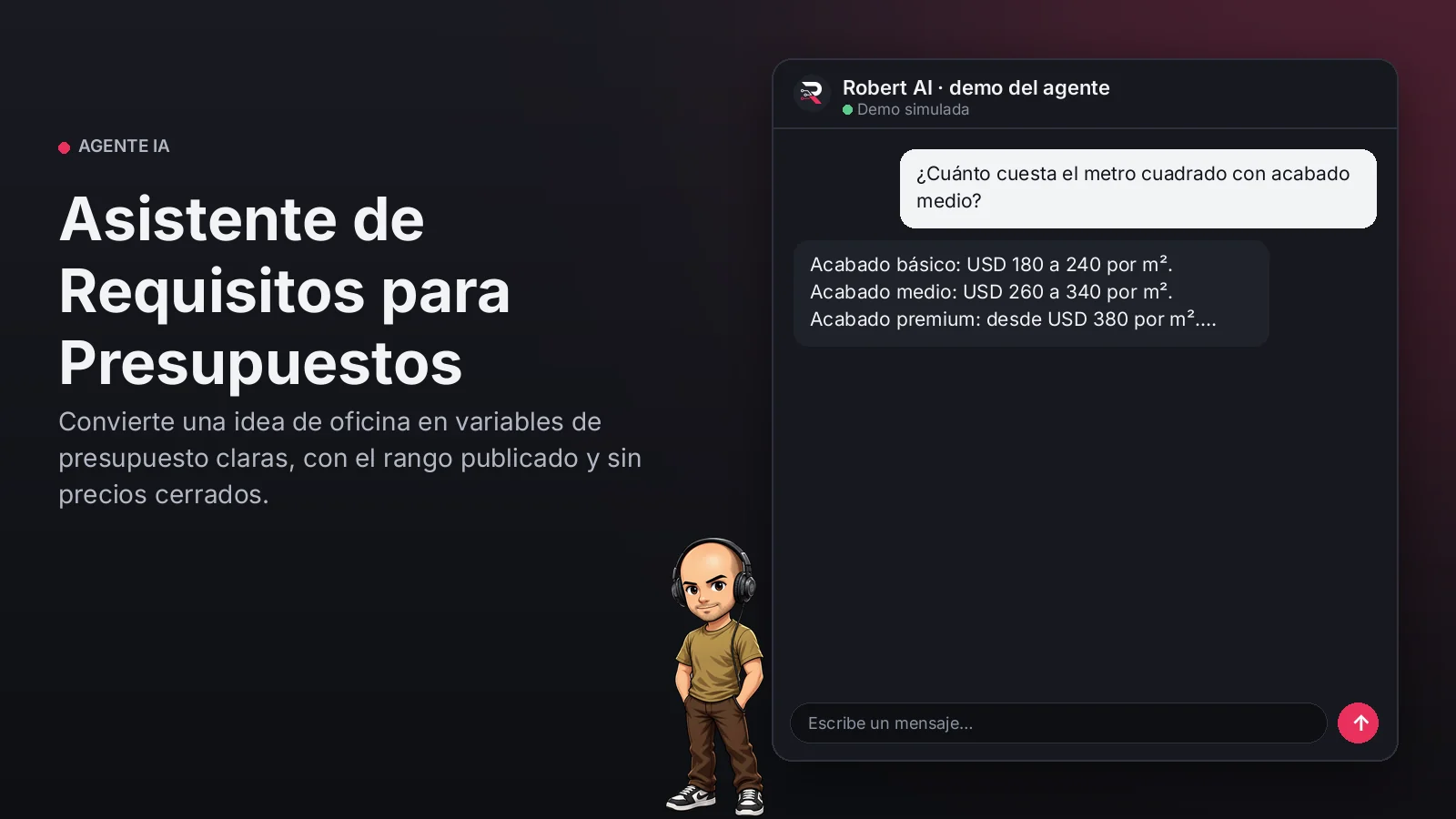 Asistente de Requisitos para Presupuestos. Convierte una idea de oficina en variables de presupuesto claras, con el rango publicado y sin precios cerrados.