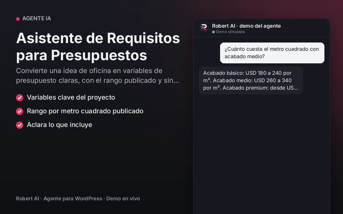 Portada: Asistente de Requisitos para Presupuestos. Convierte una idea de oficina en variables de presupuesto claras, con el rango publicado y sin precios cerrados.