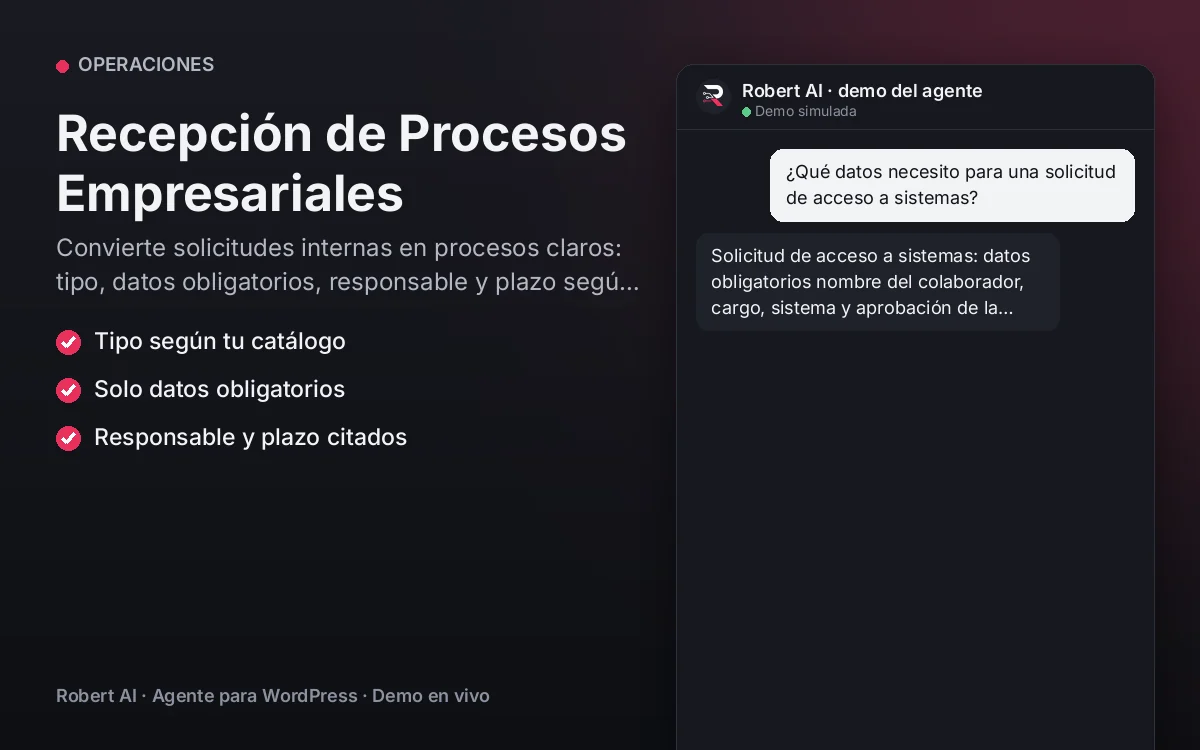 Portada: Recepción de Procesos Empresariales. Convierte solicitudes internas en procesos claros: tipo, datos obligatorios, responsable y plazo según tu catálogo.