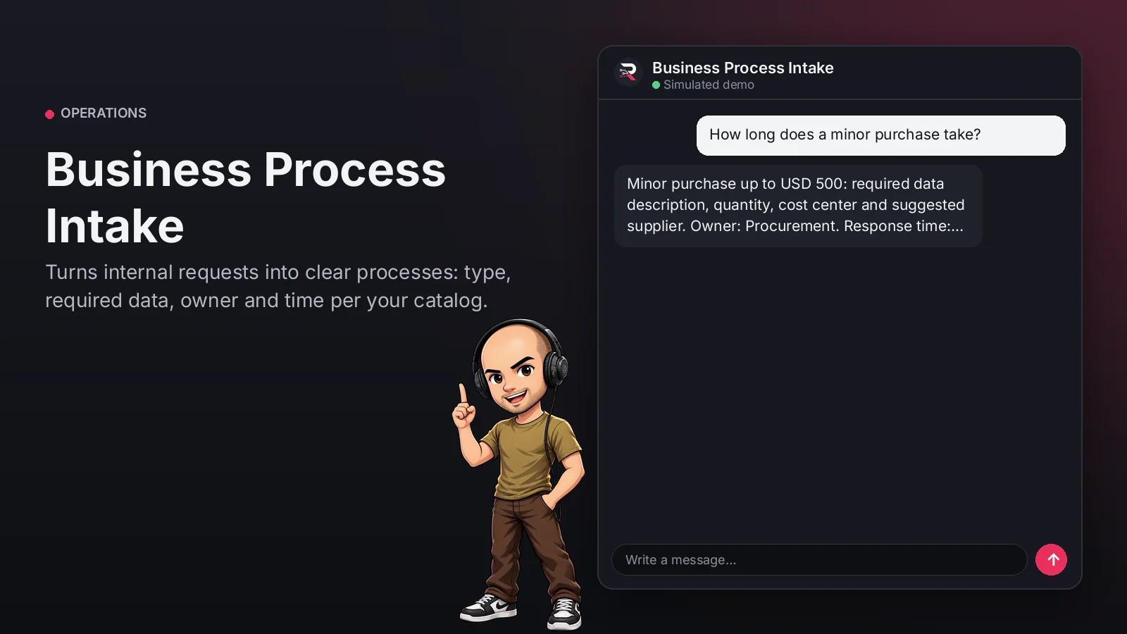 Hero image: Business Process Intake. Turns internal requests into clear processes: type, required data, owner and time per your catalog.