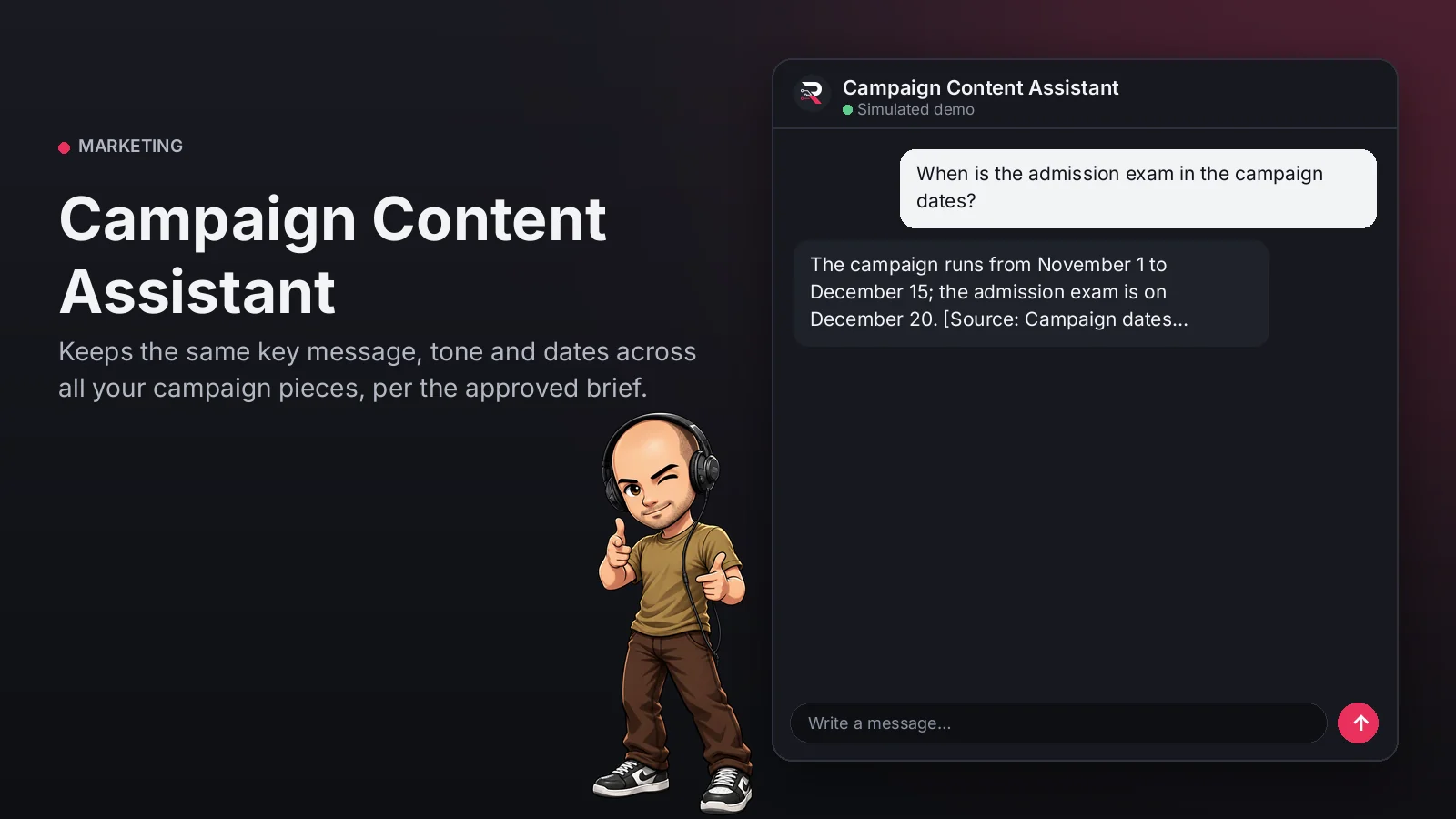 Hero image: Campaign Content Assistant. Keeps the same key message, tone and dates across all your campaign pieces, per the approved brief.