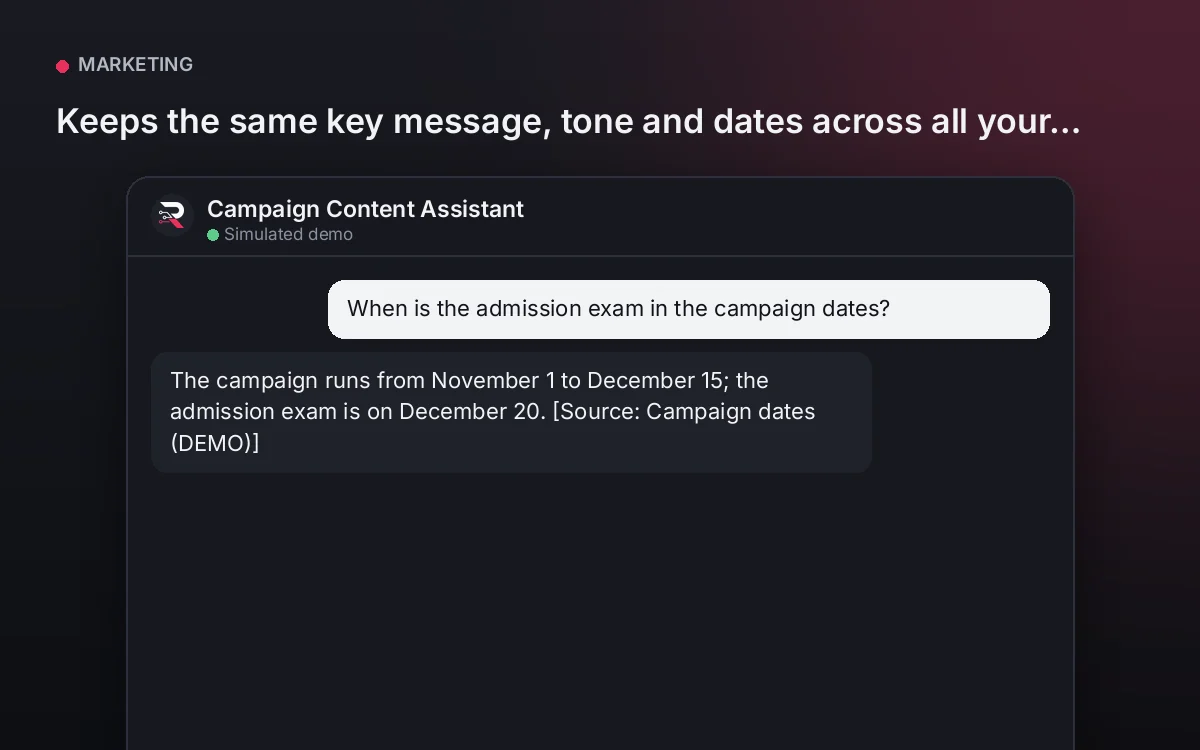 Cover: Campaign Content Assistant. Keeps the same key message, tone and dates across all your campaign pieces, per the approved brief.