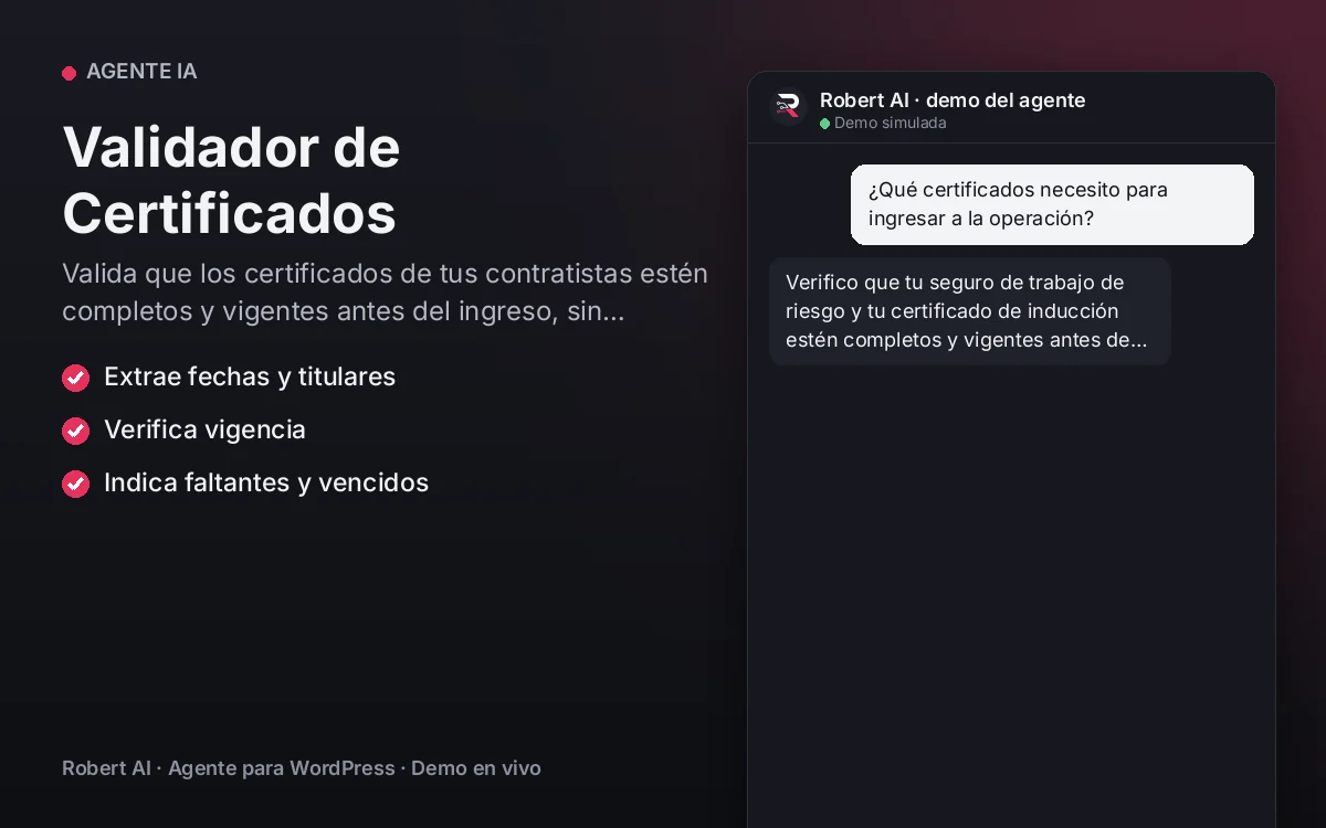 Portada: Validador de Certificados. Valida que los certificados de tus contratistas estén completos y vigentes antes del ingreso, sin autorizar accesos.