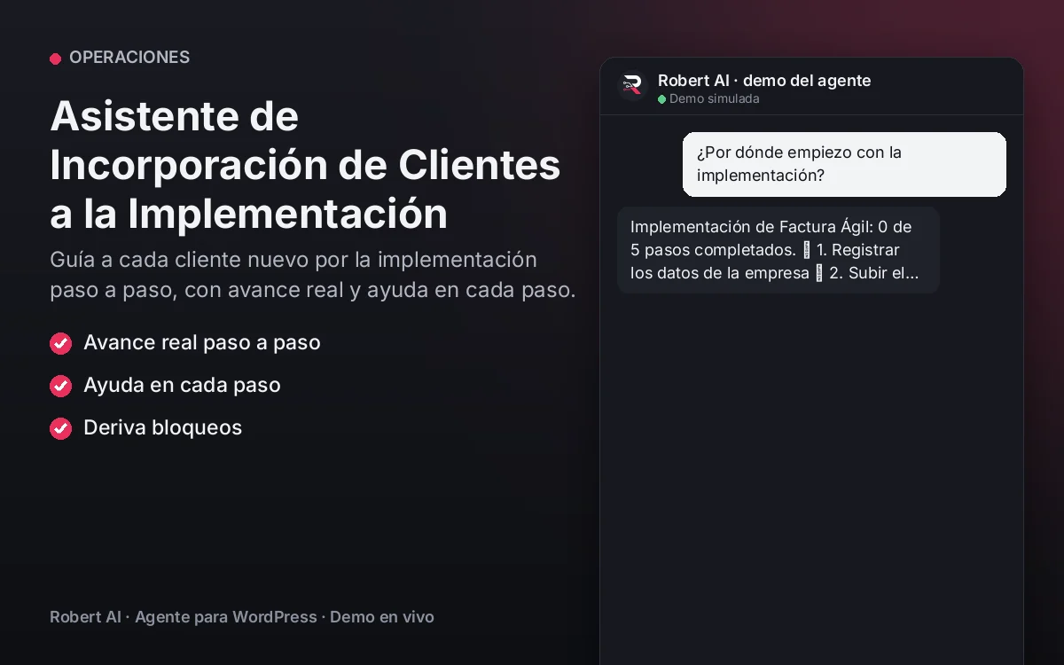Portada: Asistente de Incorporación de Clientes a la Implementación. Guía a cada cliente nuevo por la implementación paso a paso, con avance real y ayuda en cada paso.
