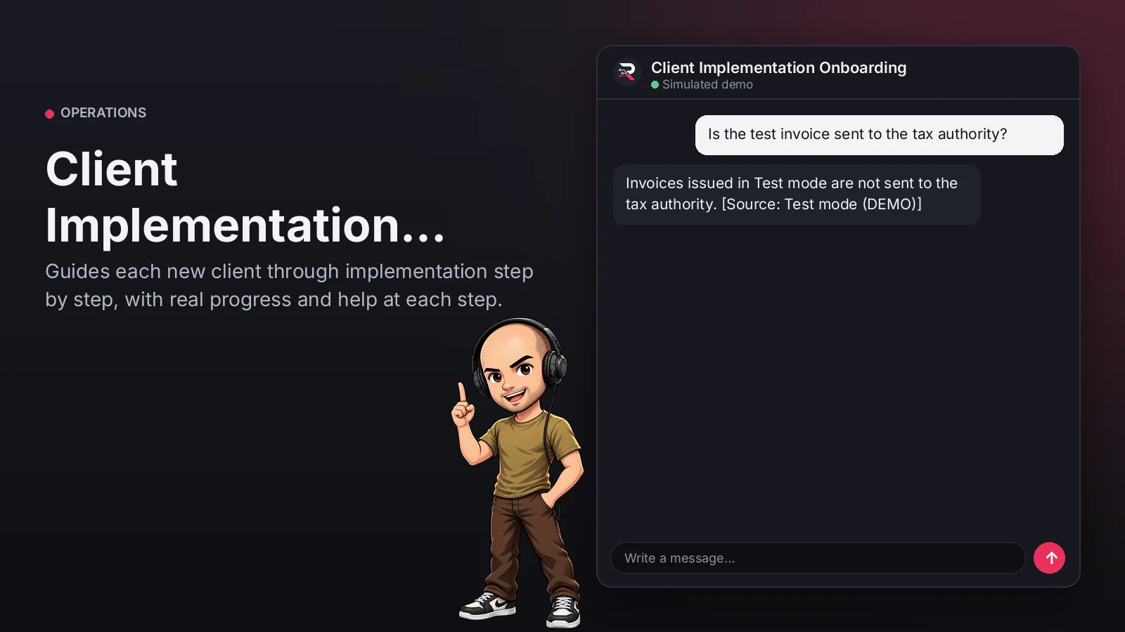 Hero image: Client Implementation Onboarding. Guides each new client through implementation step by step, with real progress and help at each step.