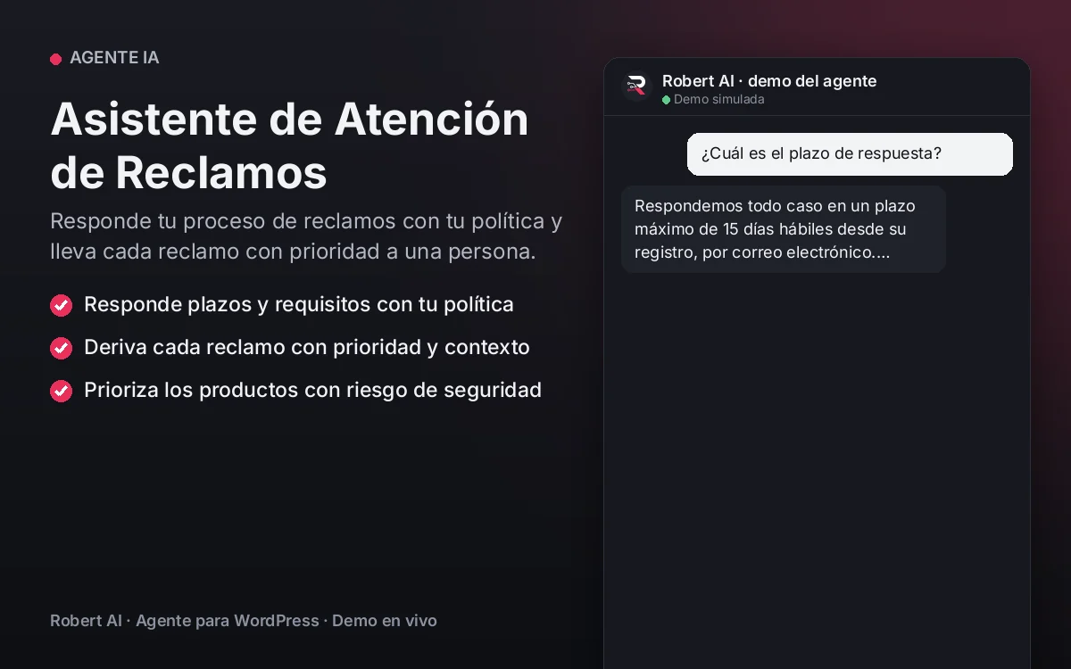 Portada: Asistente de Atención de Reclamos. Responde tu proceso de reclamos con tu política y lleva cada reclamo con prioridad a una persona.