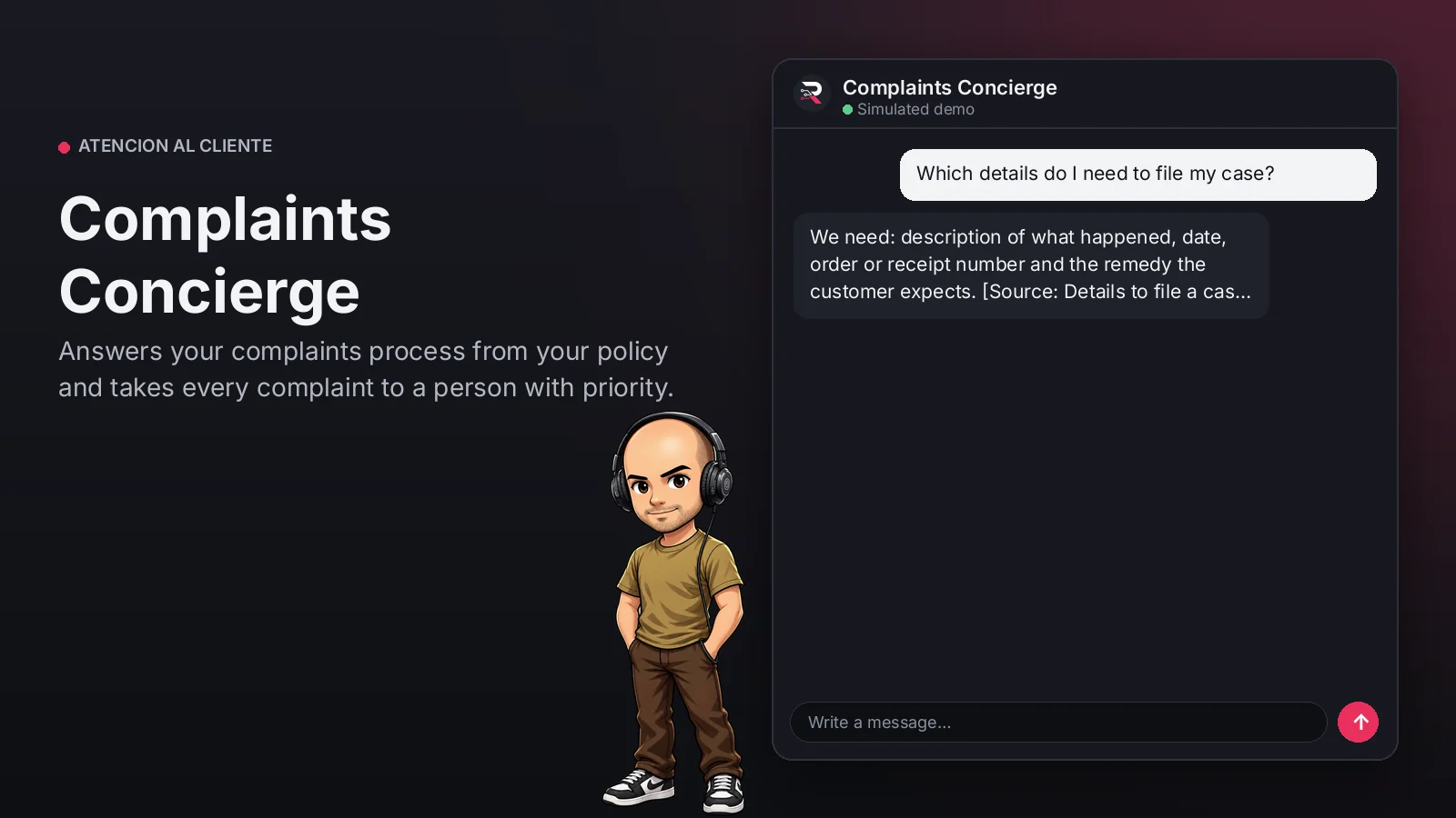 Hero image: Complaints Concierge. Answers your complaints process from your policy and takes every complaint to a person with priority.