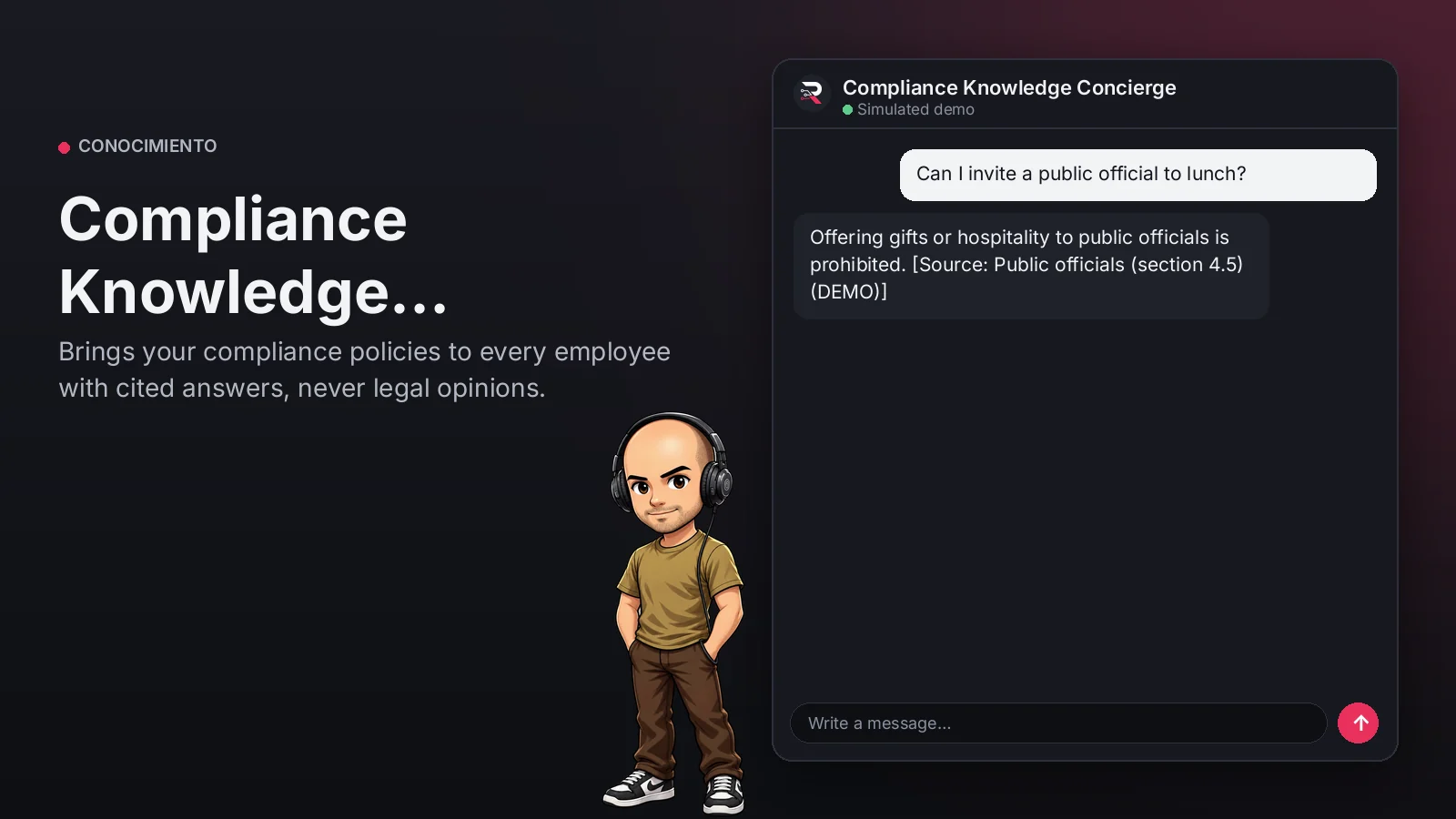 Hero image: Compliance Knowledge Concierge. Brings your compliance policies to every employee with cited answers, never legal opinions.