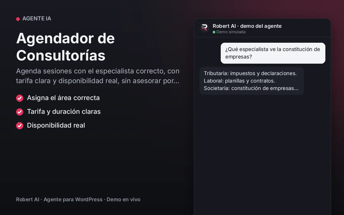 Portada: Agendador de Consultorías. Agenda sesiones con el especialista correcto, con tarifa clara y disponibilidad real, sin asesorar por chat.