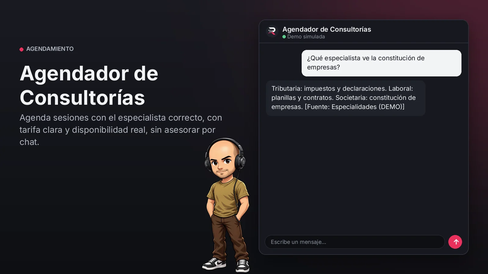 Imagen principal: Agendador de Consultorías. Agenda sesiones con el especialista correcto, con tarifa clara y disponibilidad real, sin asesorar por chat.