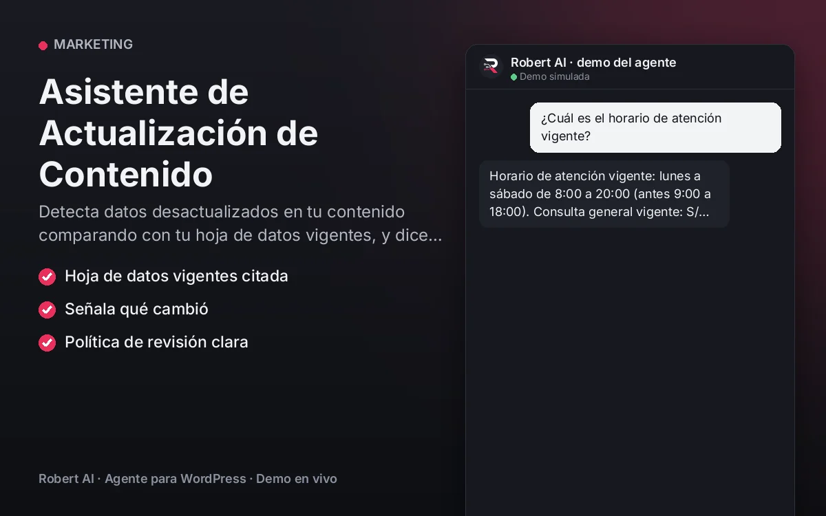 Portada: Asistente de Actualización de Contenido. Detecta datos desactualizados en tu contenido comparando con tu hoja de datos vigentes, y dice qué corregir.