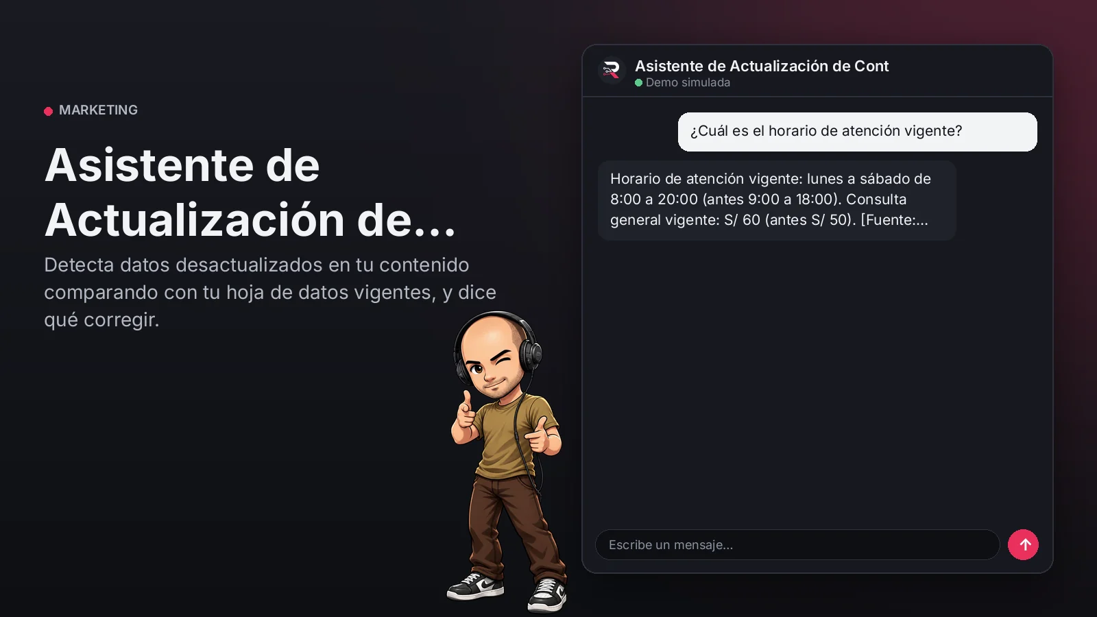 Imagen principal: Asistente de Actualización de Contenido. Detecta datos desactualizados en tu contenido comparando con tu hoja de datos vigentes, y dice qué corregir.