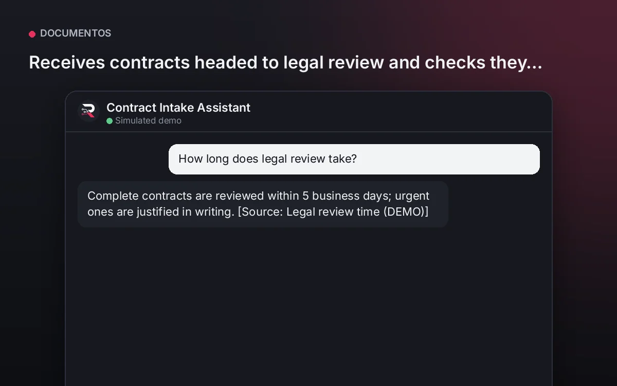 Cover: Contract Intake Assistant. Receives contracts headed to legal review and checks they arrive complete, never opining on clauses.