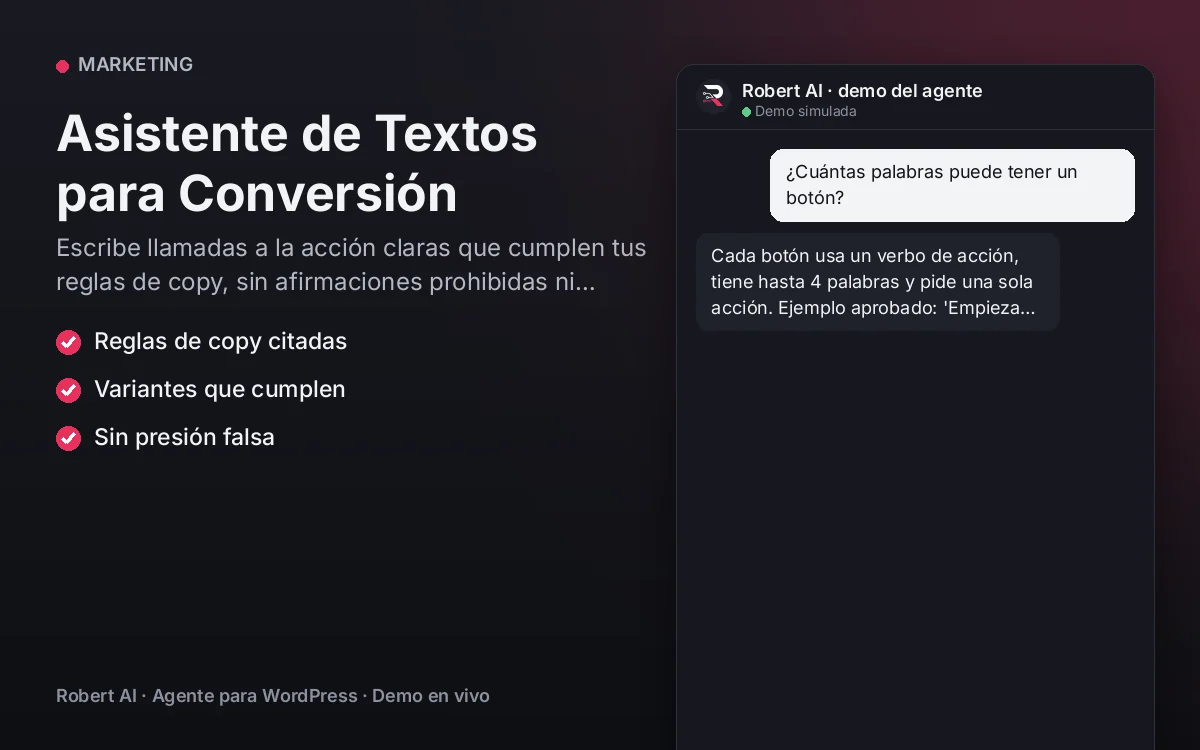 Portada: Asistente de Textos para Conversión. Escribe llamadas a la acción claras que cumplen tus reglas de copy, sin afirmaciones prohibidas ni presión falsa.